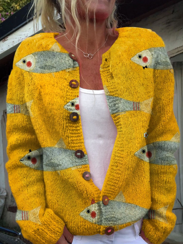 Frieda - Goldene Fisch-Strickjacke