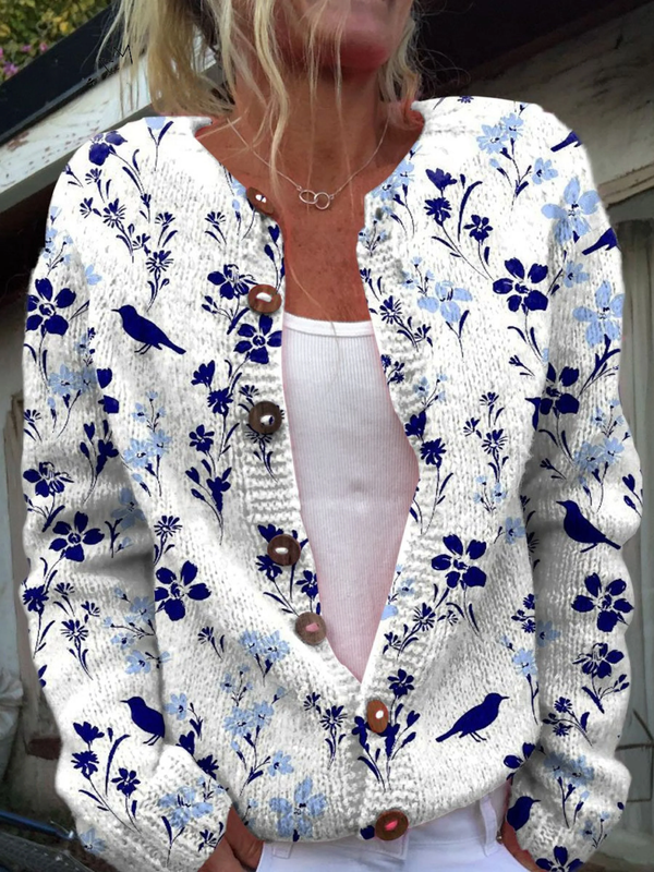 Johanna - Marineblaue Vogel-Strickjacke