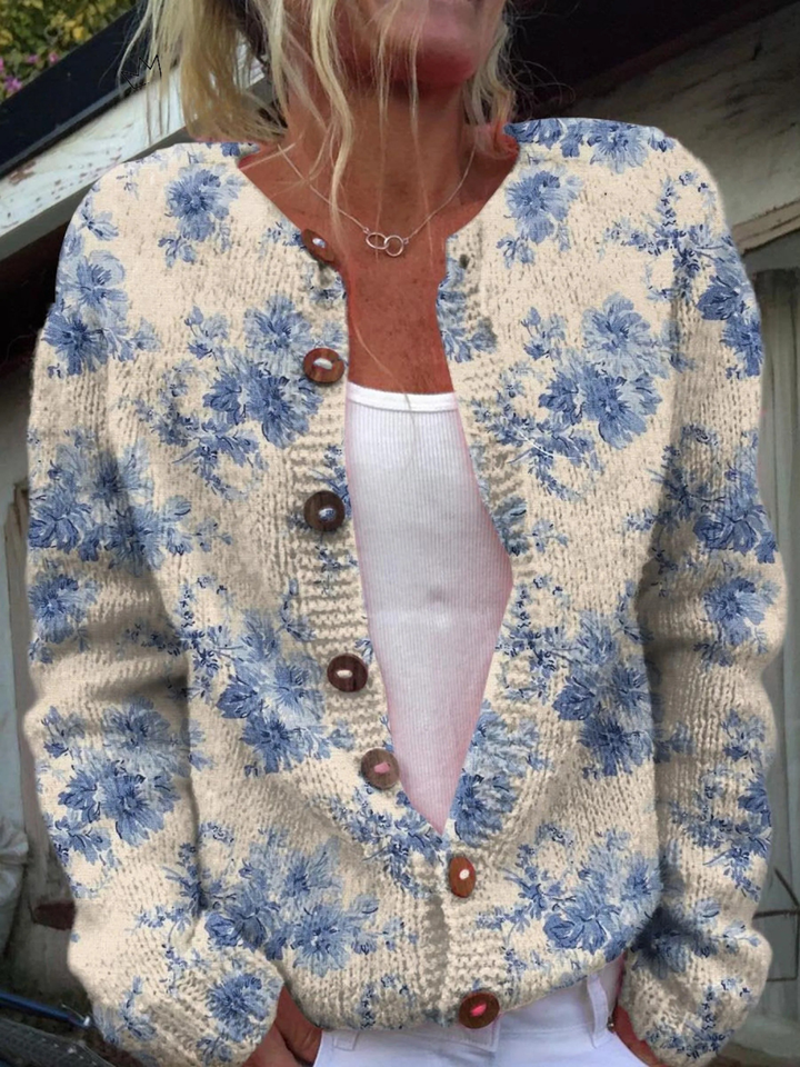 Klara - Blau Geblümte Strickjacke