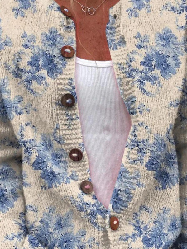 Klara - Blau Geblümte Strickjacke