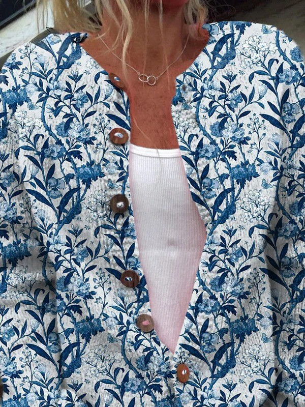 Sofie - Indigoblaue Blumen-Strickjacke