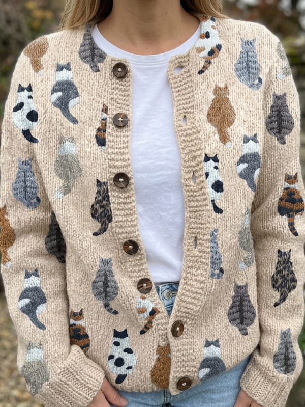 Charlotte - Katzenprint-Strickjacke