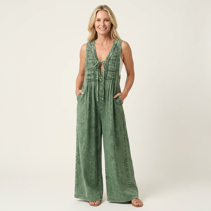 Griselda | Combinaison en denim à jambes larges plissées