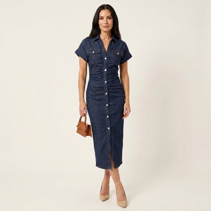 Maya | Robe Midi Bodycon en Denim avec Boutonnage Avant